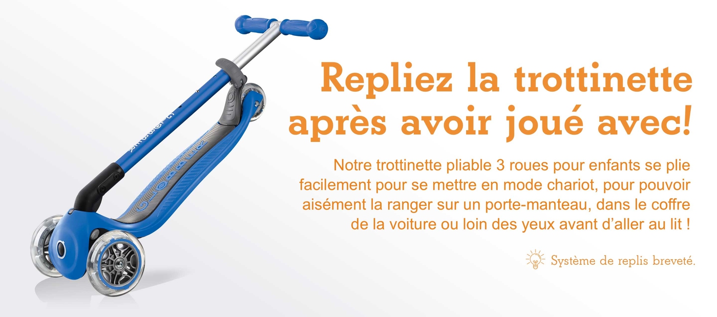 Repliez la trottinette après avoir joué avec ! Notre trottinette pliable 3 roues pour enfants se plie facilement pour se mettre en mode chariot, pour pouvoir aisément la ranger sur un porte-manteau, dans le coffre de la voiture ou loin des yeux avant d’aller au lit ! 