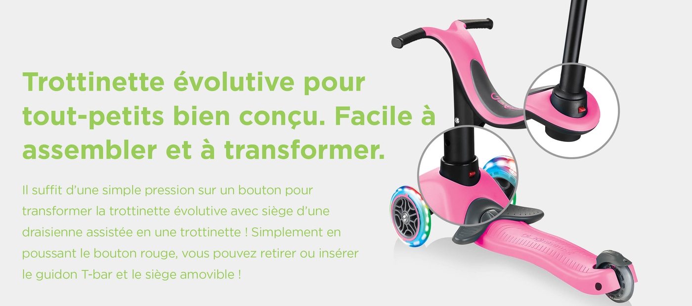 Trottinette évolutive pour tout-petits bien conçu. Facile à assembler et à transformer. Il suffit d’une simple pression sur un bouton pour transformer la trottinette évolutive avec siège d’une draisienne assistée en une trottinette ! Simplement en poussant le bouton rouge, vous pouvez retirer ou insérer le guidon T-bar et le siège amovible !